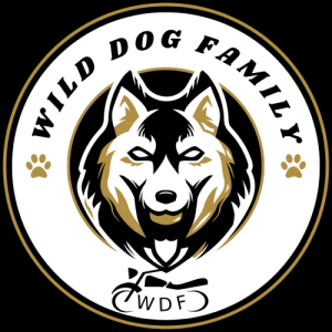 Logo of the Wild Dog Family featuring a fierce wolf's head, with "WILD DOG FAMILY" and a bike symbol below, encircled by paw prints.
